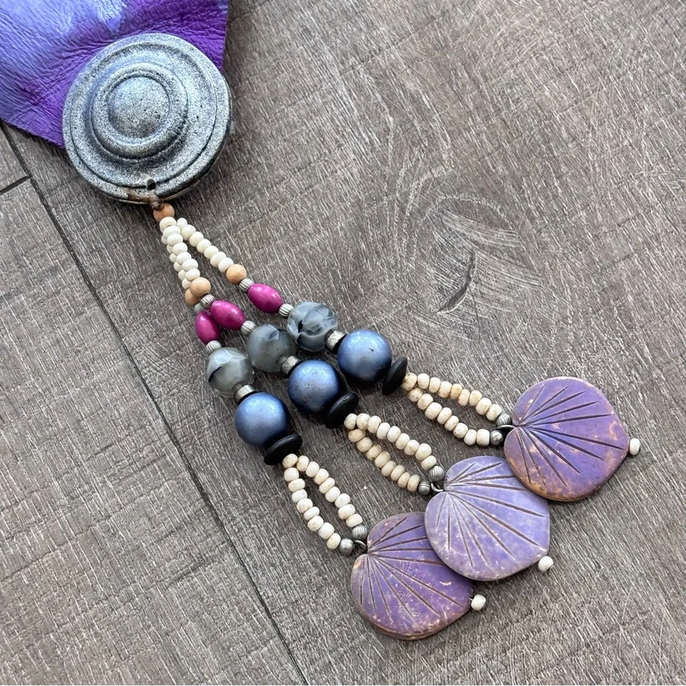 Vinatge Handmade Leather Table Console Alter Runner Shoulder Wrap Purple